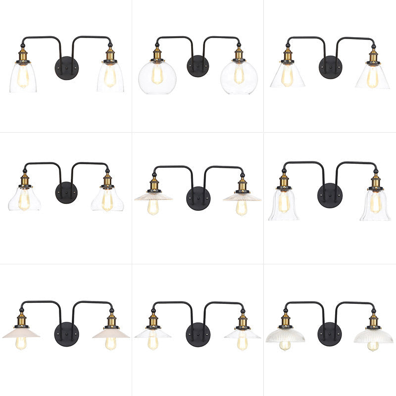 Sikunuo | Industrial conical/wavy/fanned wall lamp glass and metal black 2-bulb wall mounted lamp for indoor use