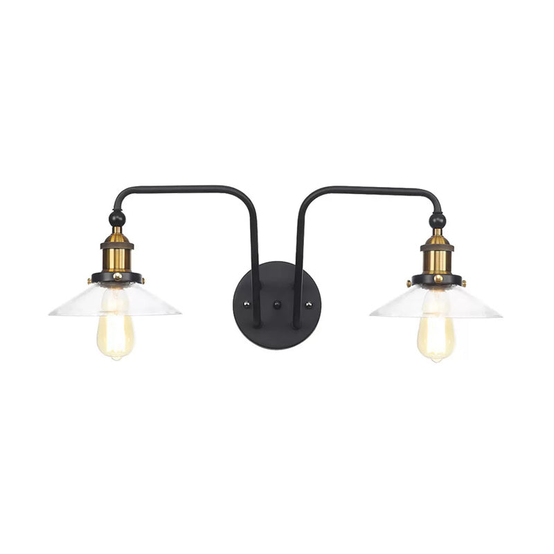 Sikunuo | Industrial conical/wavy/fanned wall lamp glass and metal black 2-bulb wall mounted lamp for indoor use