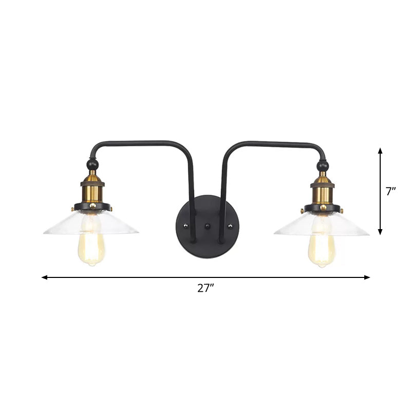 Sikunuo | Industrial conical/wavy/fanned wall lamp glass and metal black 2-bulb wall mounted lamp for indoor use