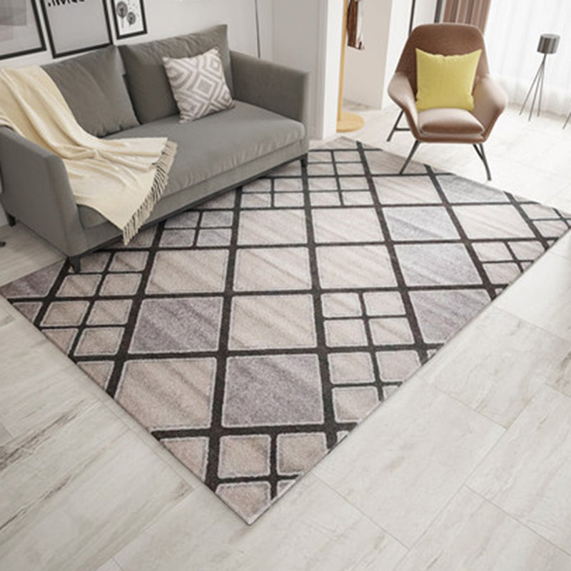 Sikunuo | Ivory Bedroom Rug New Geometric Checkered Stripe Pattern Rug Polyester Washable Rug
