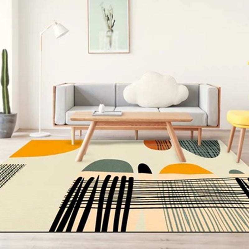Sikunuo | Ivory Bedroom Rug New Color Block Striped Pattern Rug Polyester Washable Area Rug