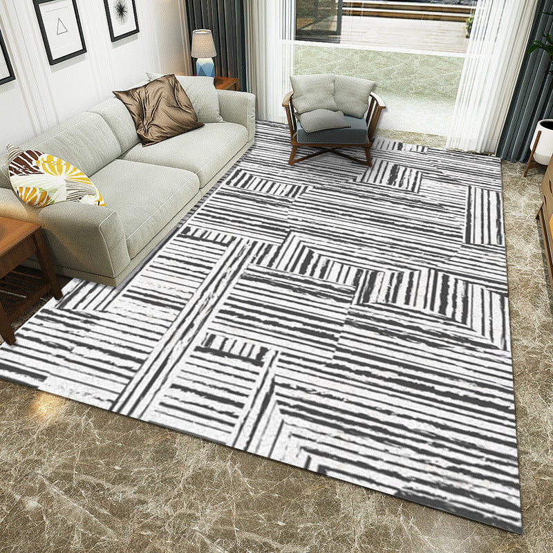 Sikunuo | White Living Room Carpet Novelty Stripe Geometric Pattern Area Rug Polyester Washable Rug