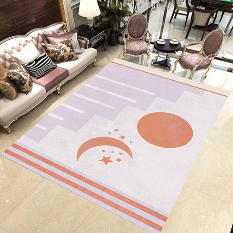 Sikunuo | Modern Novelty Rug in Orange and Ivory Moon Sun Stripes Print Rug Polyester Washable Rug for Bedroom