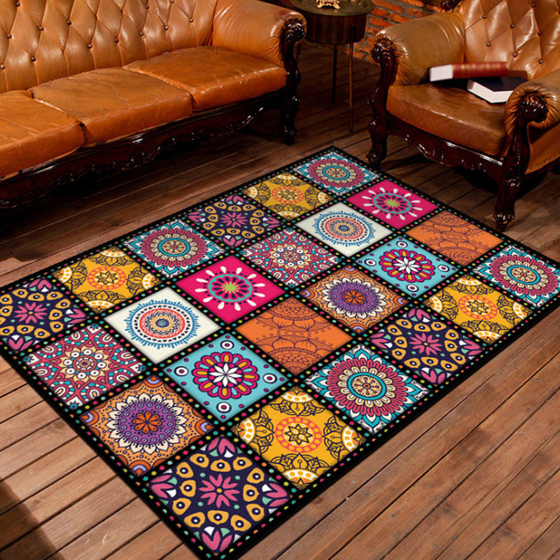 Sikunuo | Moroccan square floral pattern rug multicolored polyester rug non-slip backing area rug for living room