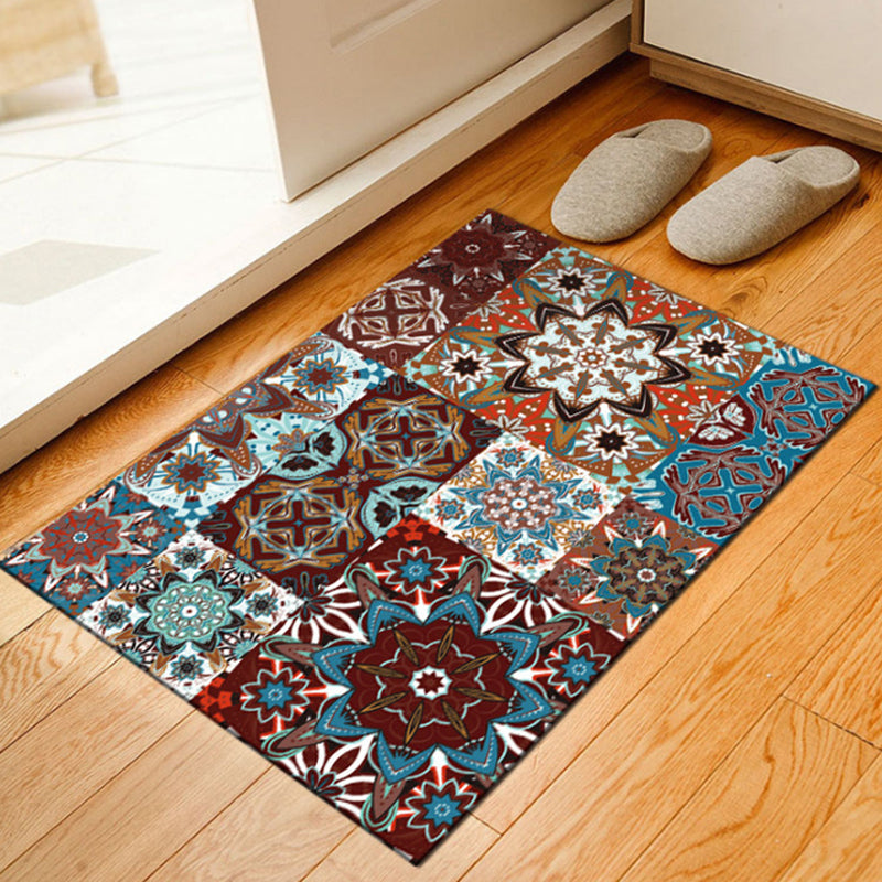Sikunuo | Brown Bedroom Carpet Moroccan Flower Square Printed Carpet Polyester Non-slip Back Carpet
