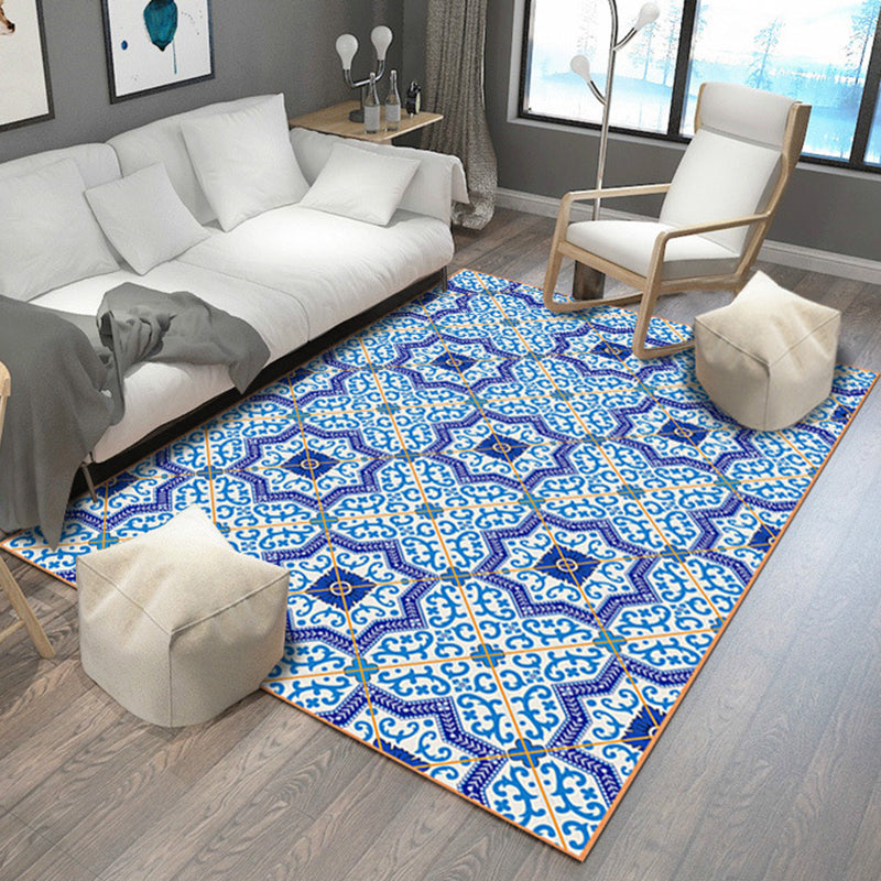 Sikunuo | Blue Bedroom Rug Moroccan Flower Polygon Pattern Rug Polyester Machine Washable Rug