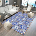 Sikunuo | Moroccan Flower Square Print Carpet in Blue and White Polyester Rug Machine Washable Area Rug for Living Room