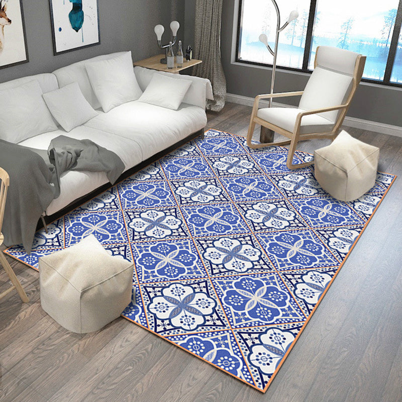 Sikunuo | Moroccan Flower Square Print Carpet in Blue and White Polyester Rug Machine Washable Area Rug for Living Room