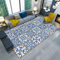 Sikunuo | Blue and white bedroom rug Moroccan flower circle square pattern rug polyester machine washable rug