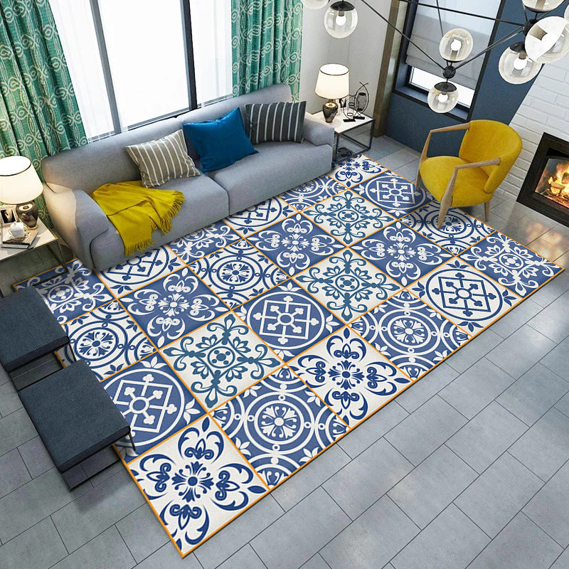 Sikunuo | Blue and white bedroom rug Moroccan flower circle square pattern rug polyester machine washable rug