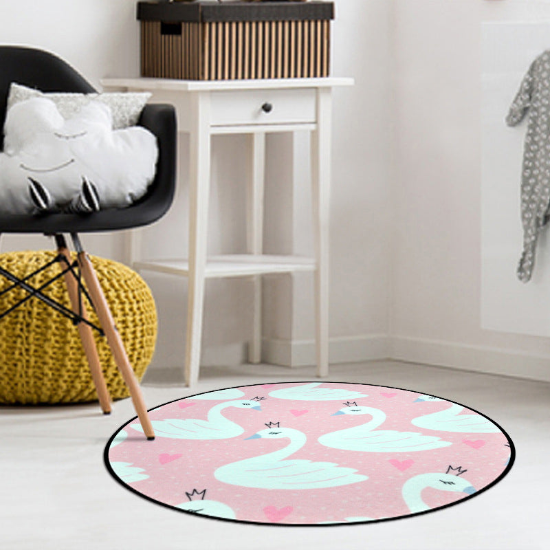 Sikunuo | Pink Children's Room Carpet Children's Animal Unicorn Swan Flower Heart Pattern Carpet Polyester Pet-Friendly Carpet
