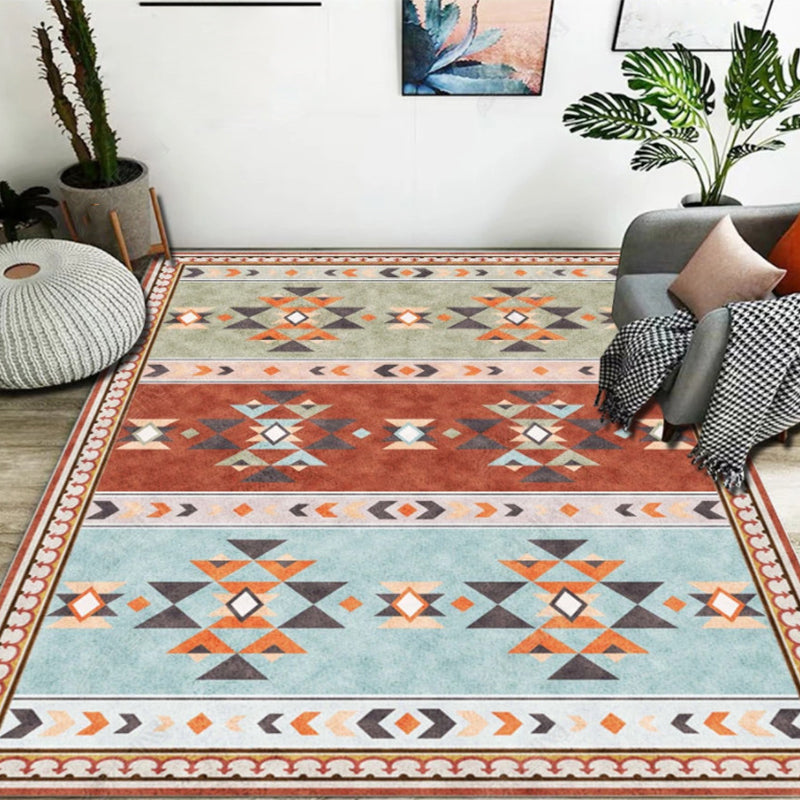 Sikunuo | Blue and Red Bedroom Carpet Moroccan Medallion Triangle Stripes Pattern Area Rug Polyester Non-Slip Rug