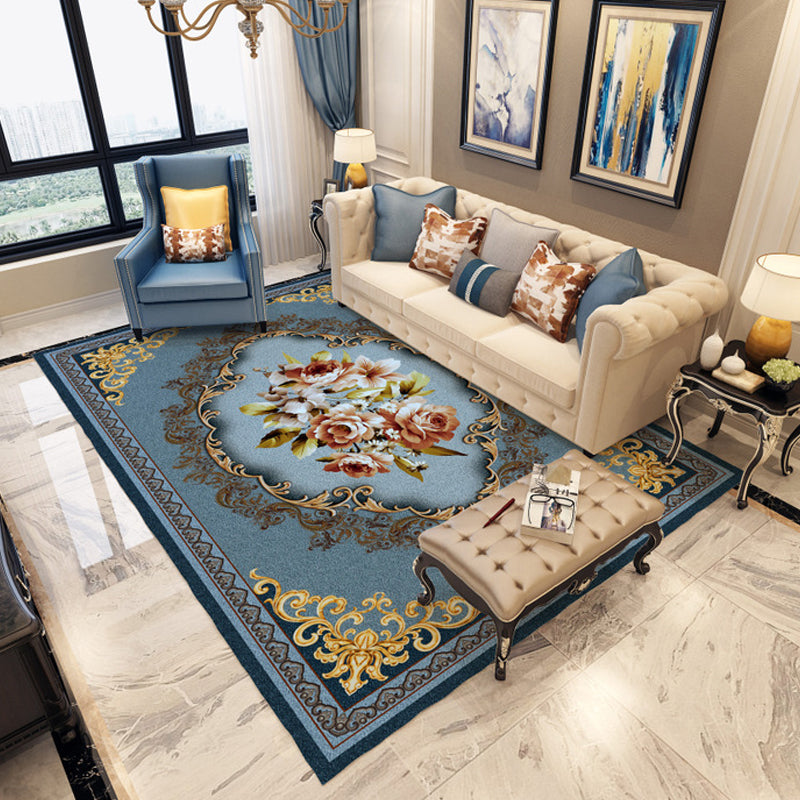 Sikunuo | Persian Moroccan carpet in blue and red medallion floral pattern carpet made of polyester washable carpet for home decor