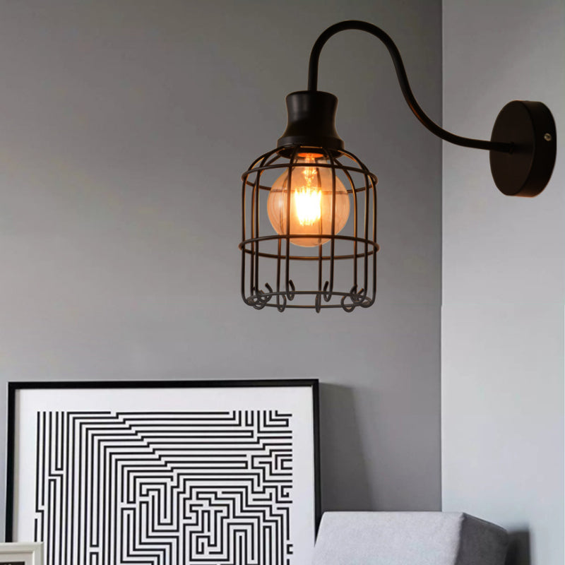 Sikunuo | Metal Birdcage Wall Mount Lighting with Gooseneck Arm Vintage 1 Main Wall Lamp Sconces in Black