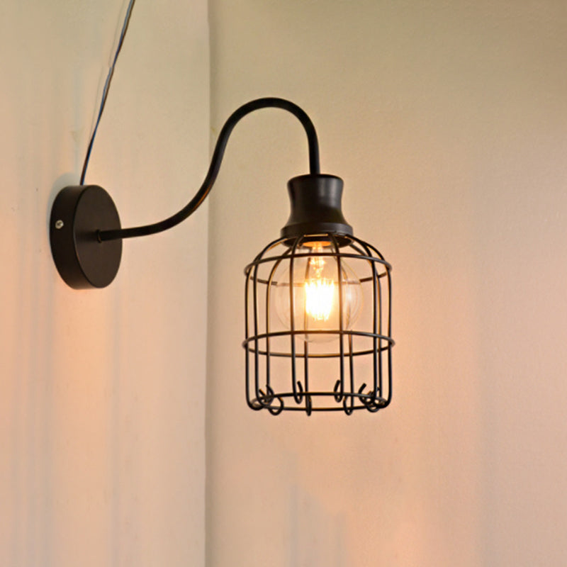 Sikunuo | Metal Birdcage Wall Mount Lighting with Gooseneck Arm Vintage 1 Main Wall Lamp Sconces in Black