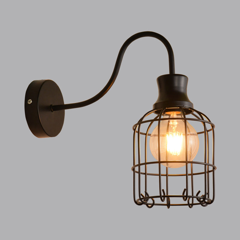 Sikunuo | Metal Birdcage Wall Mount Lighting with Gooseneck Arm Vintage 1 Main Wall Lamp Sconces in Black