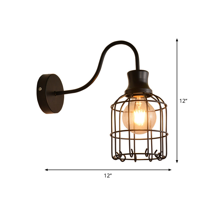 Sikunuo | Metal Birdcage Wall Mount Lighting with Gooseneck Arm Vintage 1 Main Wall Lamp Sconces in Black