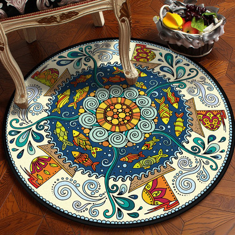 Sikunuo | Blue and white bedroom rug southwestern fish tribal rug polyester washable area rug