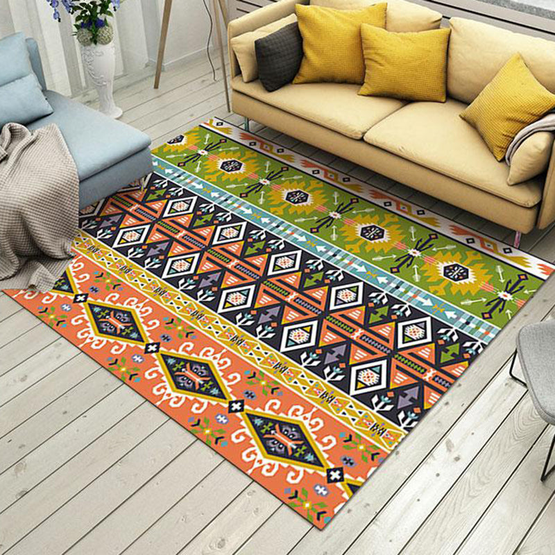 Sikunuo | Tribal Stain-Resistant Indoor Runner Ethnic Striped Geometric Rug Orange and Green Polyester Pet-Friendly Rug
