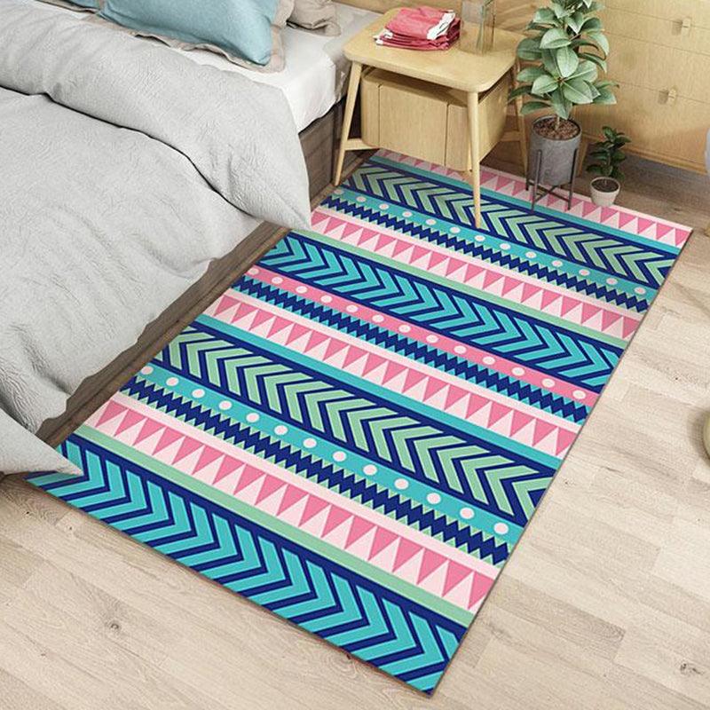 Sikunuo | Blue and pink striped tribal rug with chevron geometric polyester pet-friendly stain-resistant indoor rug for bedroom