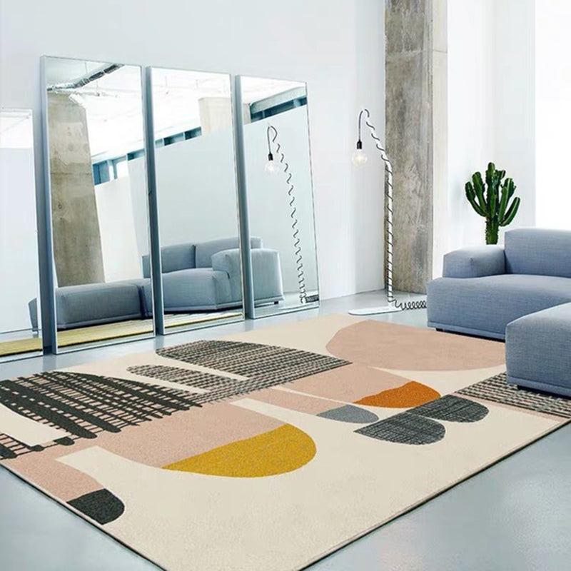 Sikunuo | Ivory Bedroom Rug New Stripe Color Block Pattern Rug Polyester Washable Area Rug