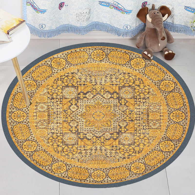 Sikunuo | Moroccan Flower Pattern Rug Yellow Polyester Rug Non-Slip Bathroom Machine Washable Rug for Bedroom