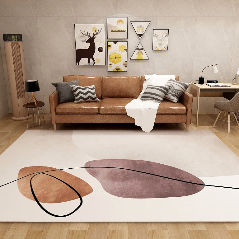 Sikunuo | Ivory Novelty Rug Polyester Colorblock Line Pattern Rug Washable Rug for bedroom