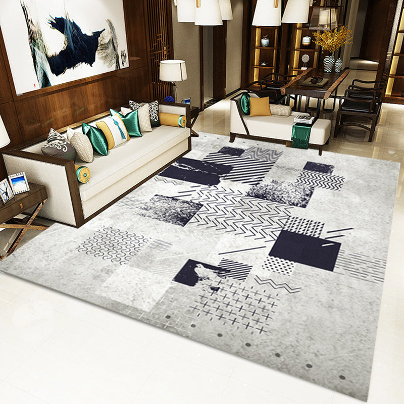Sikunuo | Novelty Bedroom Rug in Gray Geometric Square Chevron Print Rug Polyester Washable Area Rug