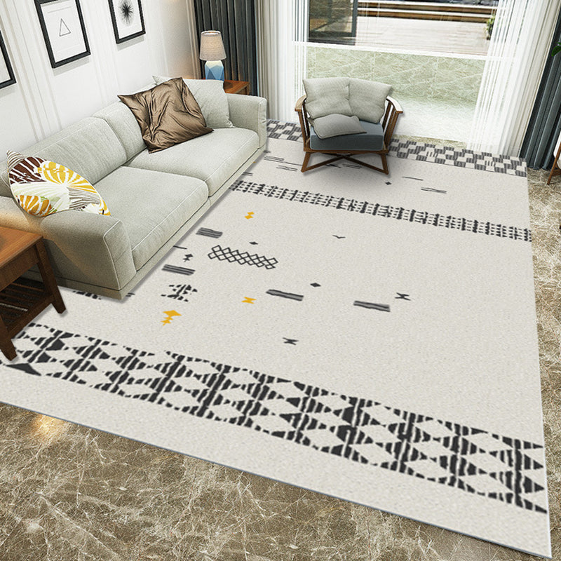Sikunuo | Casual Novelty Rug in Ivory Geometry Diamond Stripes Print Rug Polyester Washable Rug for Living Room