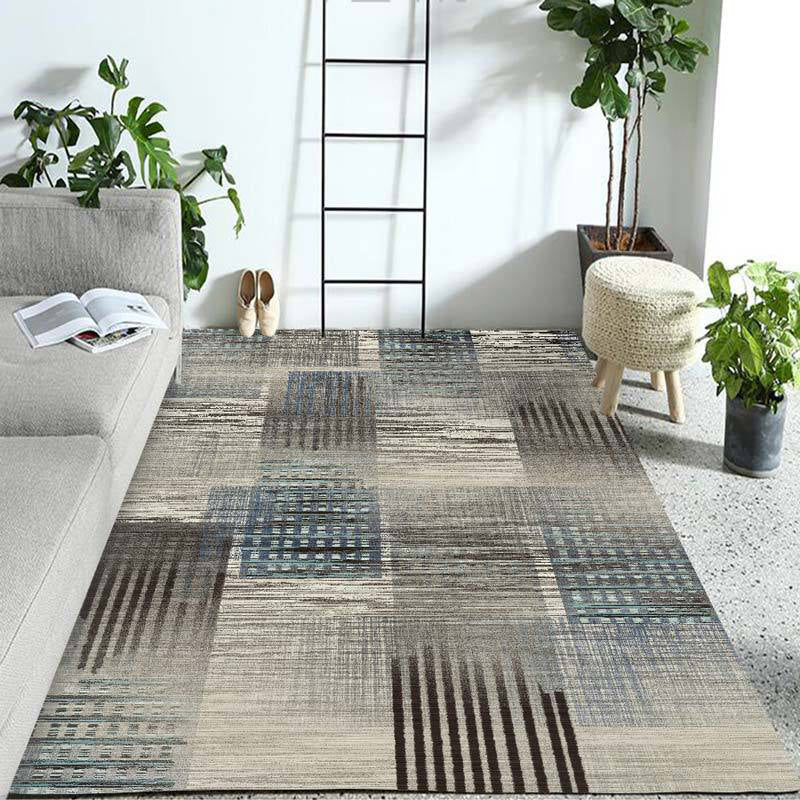 Sikunuo | Ivory Home Decoration Carpet Novelty Geometric Stripe Pattern Area Rug Polyester Washable Rug