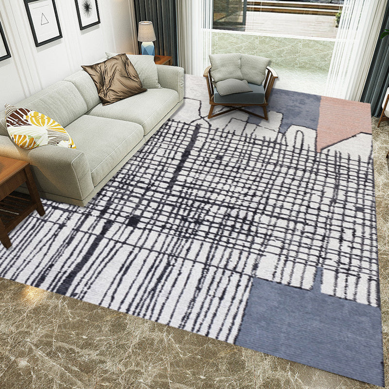 Sikunuo | Simple Novelty Carpet in White Stripes Geometric Print Area Rug Polyester Washable Carpet for Bedroom