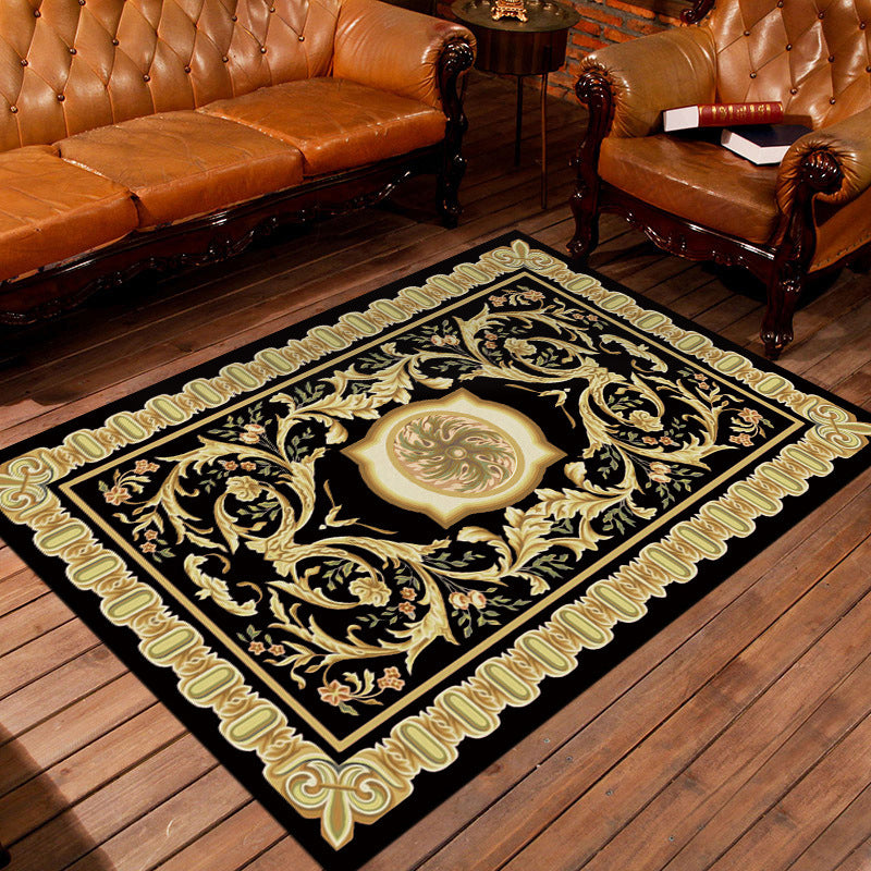 Sikunuo | Moroccan living room rug in black and yellow floral print rug polyester area rug
