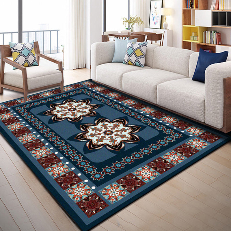 Sikunuo | Blue Bedroom Rug Moroccan Floral Dots Rectangle Print Rug Polyester Non-Slip Rug