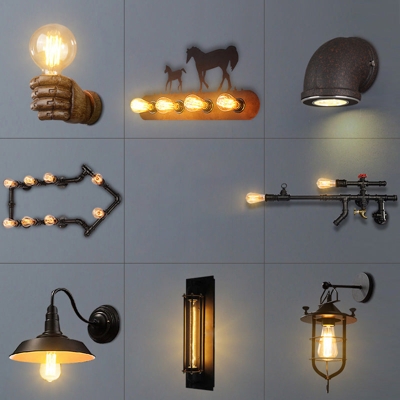Sikunuo | Iron Black Surface Wall Sconce Water Pipe/Cage/Fist-shaped 1-Bulb Industrial Style Wall Mounted Light Fixture