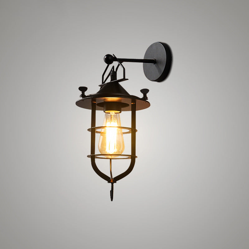 Sikunuo | Iron Black Surface Wall Sconce Water Pipe/Cage/Fist-shaped 1-Bulb Industrial Style Wall Mounted Light Fixture