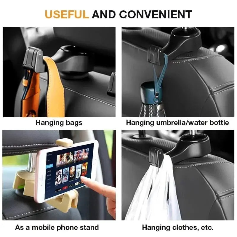 Sikunuo | 2-in-1 Car Headrest Hooks – Holds Bags & Serves as Smartphone Holder