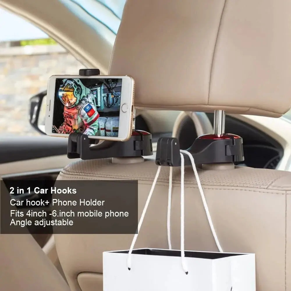 Sikunuo | 2-in-1 Car Headrest Hooks – Holds Bags & Serves as Smartphone Holder