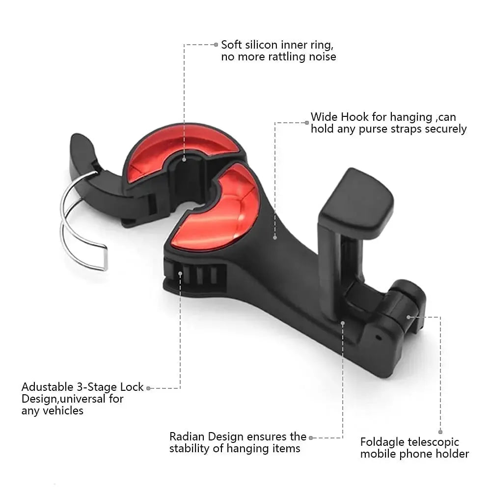Sikunuo | 2-in-1 Car Headrest Hooks – Holds Bags & Serves as Smartphone Holder