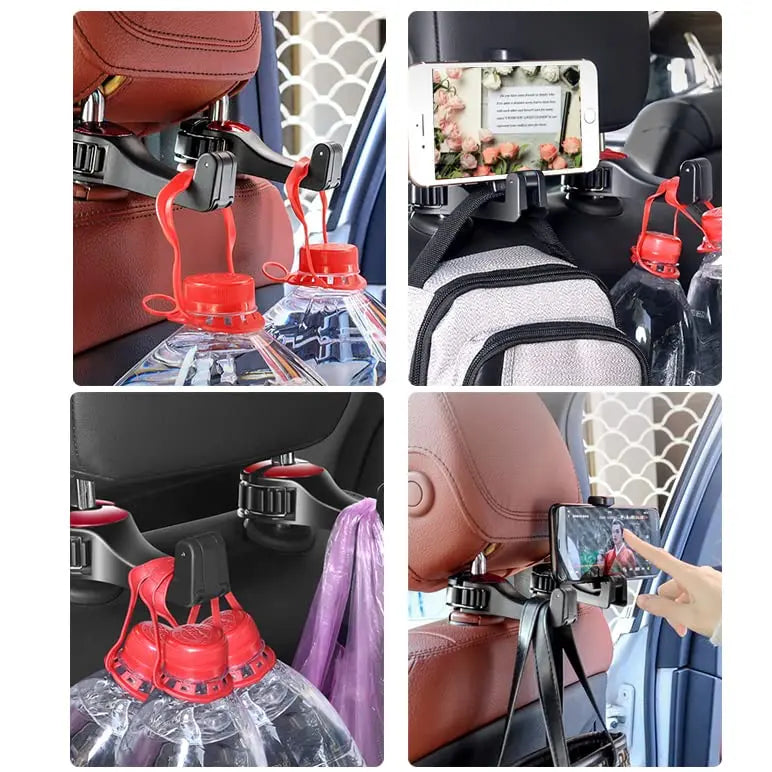 Sikunuo | 2-in-1 Car Headrest Hooks – Holds Bags & Serves as Smartphone Holder