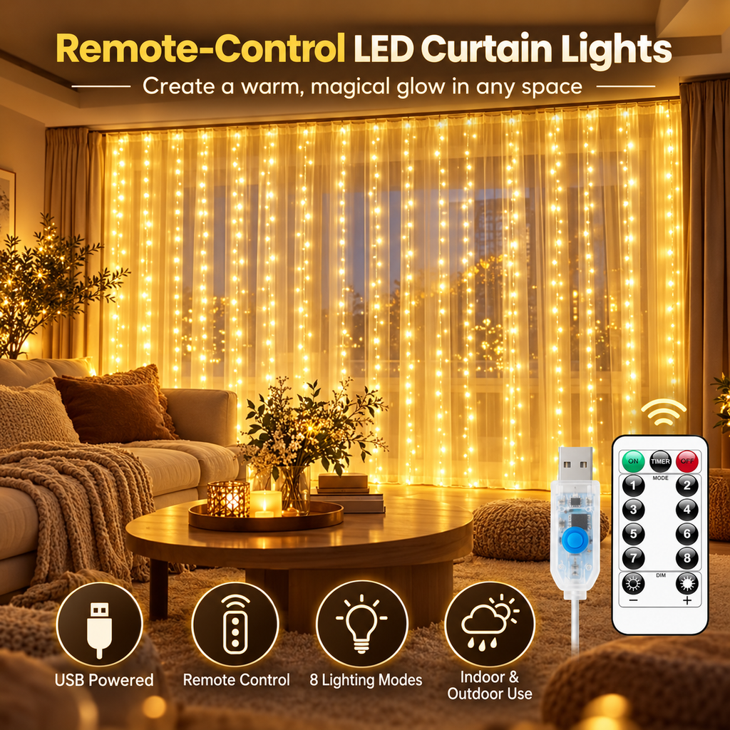 ✨ Remote-Control LED Curtain Lights – Magical Indoor & Holiday Decor