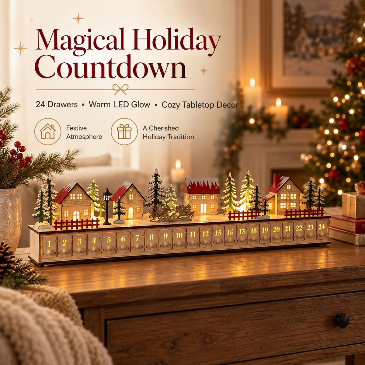 🎄 Wooden Christmas Village Advent Calendar – Magical LED Holiday Countdown 🎁✨