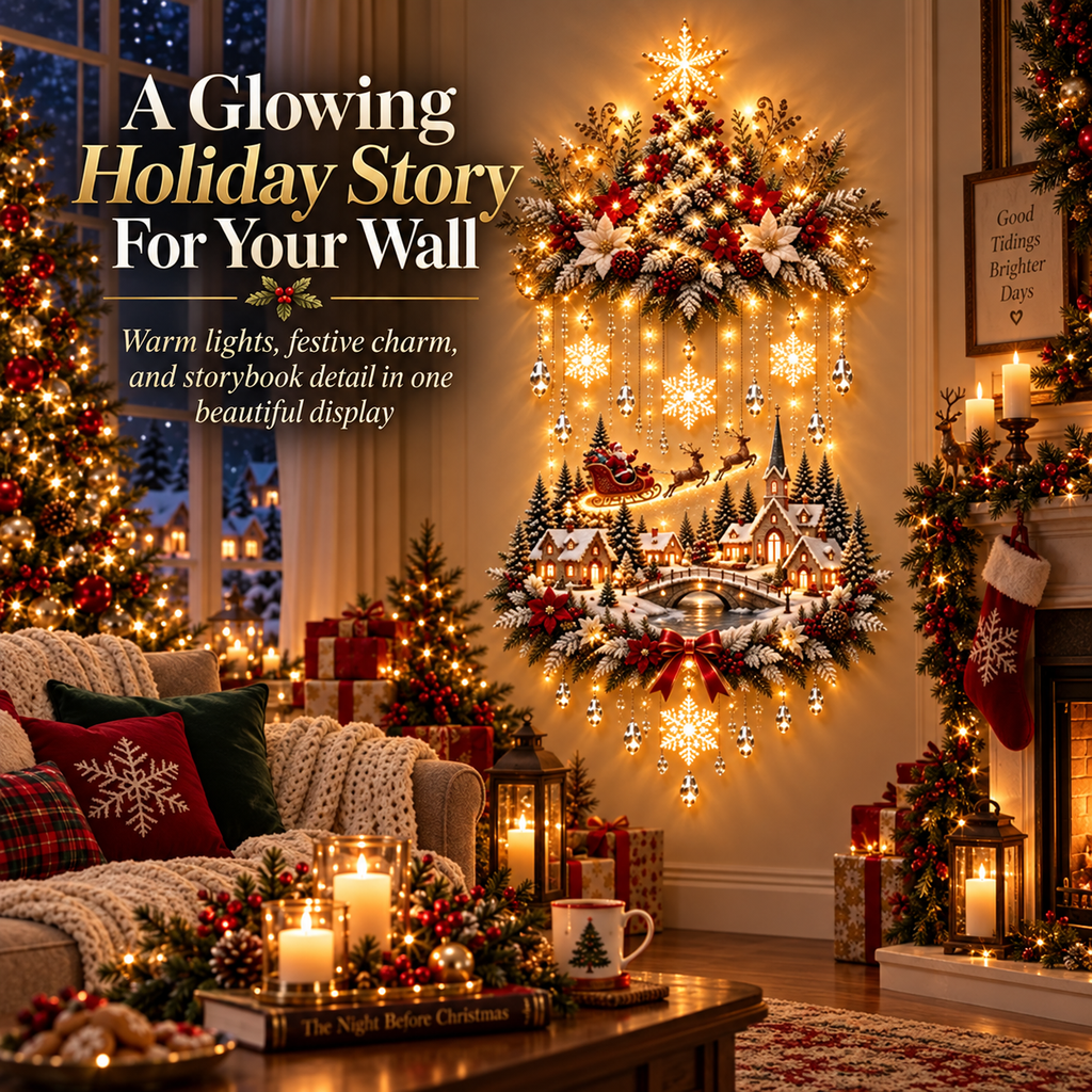 🎄 Lighted Christmas Tree & Village Wall Decor – Warm Cascading Glow