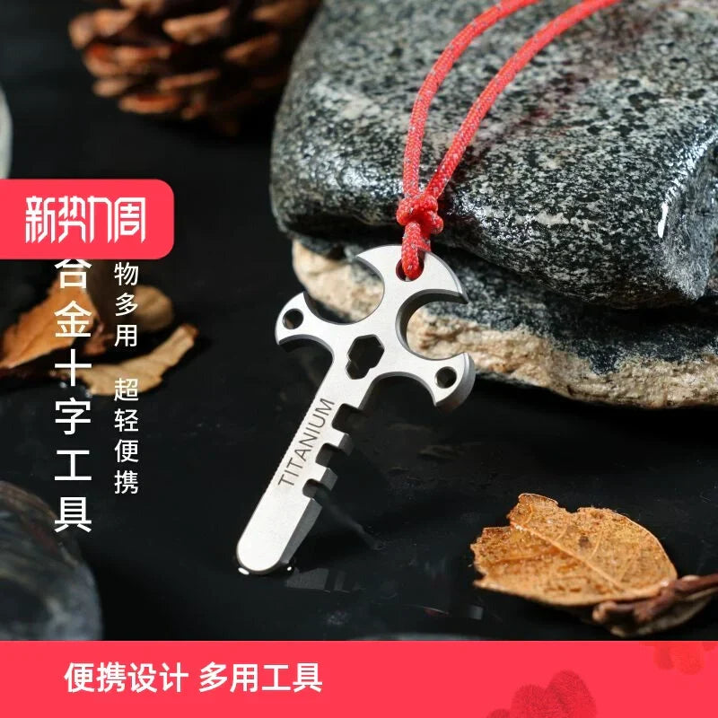 Sikunuo | Titanium Cross Multi-Tool Keychain - Portable Pry Bar, Bottle Opener & Serrated Necklace