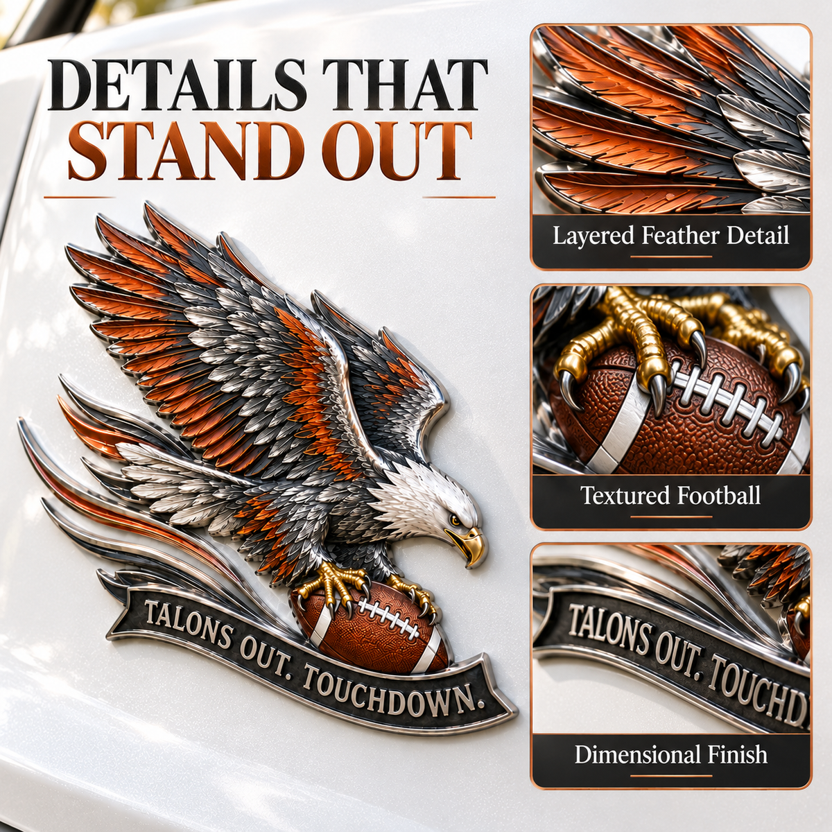 "Talons Out. Touchdown!" Premium Metal Eagle Car Emblem