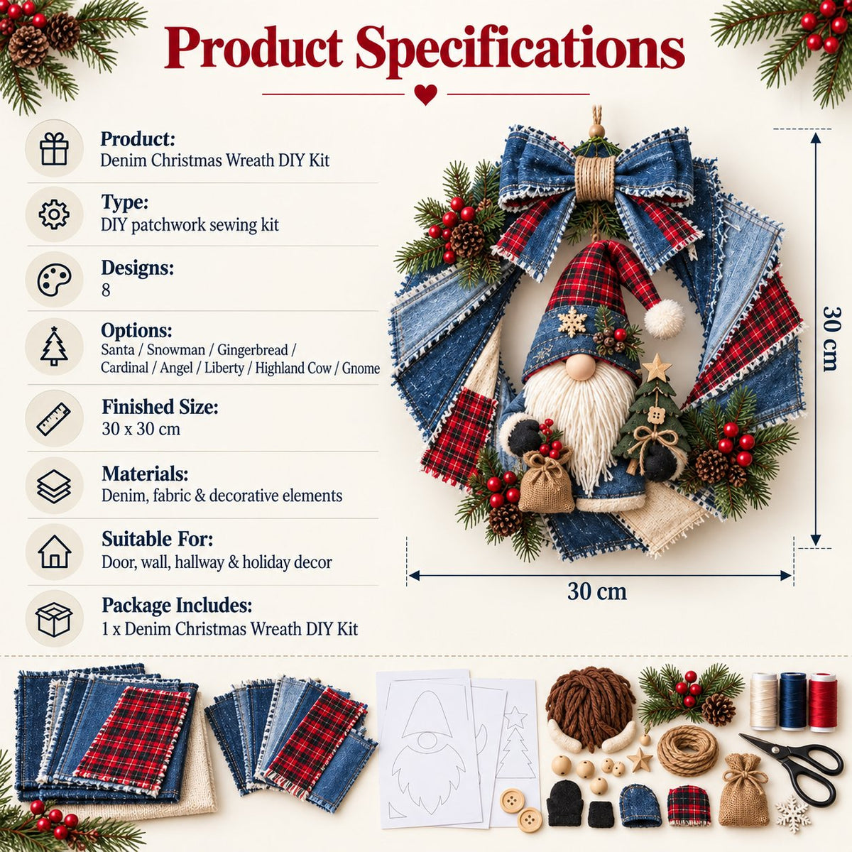 Denim Christmas Wreath DIY Sewing Kit