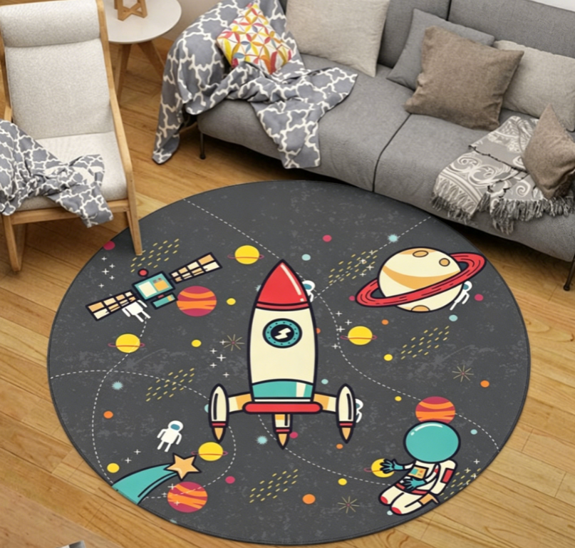 Sikunuo | Children Space Pattern Carpet Black and Blue Polyester Carpet Washable Pet-Friendly Non-Slip Rug for Children's Room