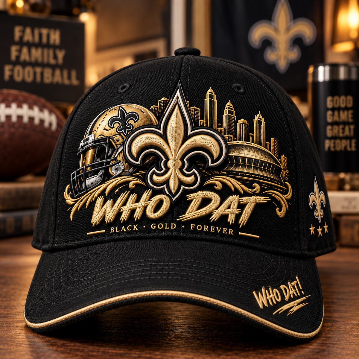 WHO DAT Black & Gold Football Fan Cap – Forever Faithful
