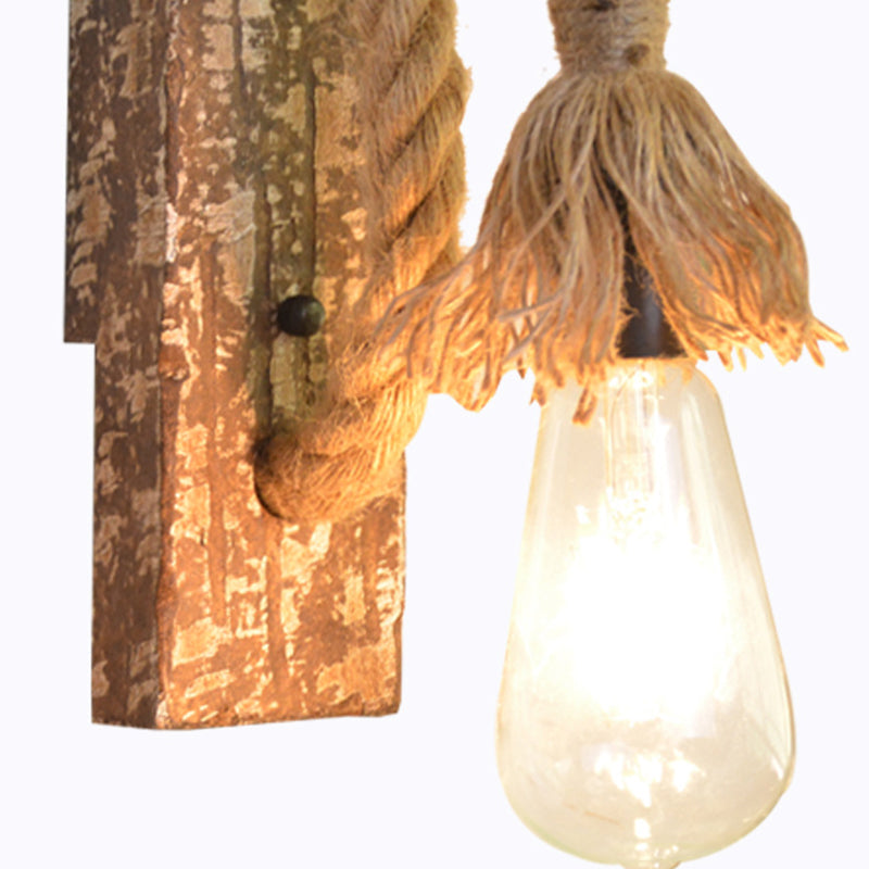 Sikunuo | 1 Light Bare Bulb Wall Lamp Fixture Warehouse Beige Jute Rope Wall Mounted Light with Wooden Back Plate