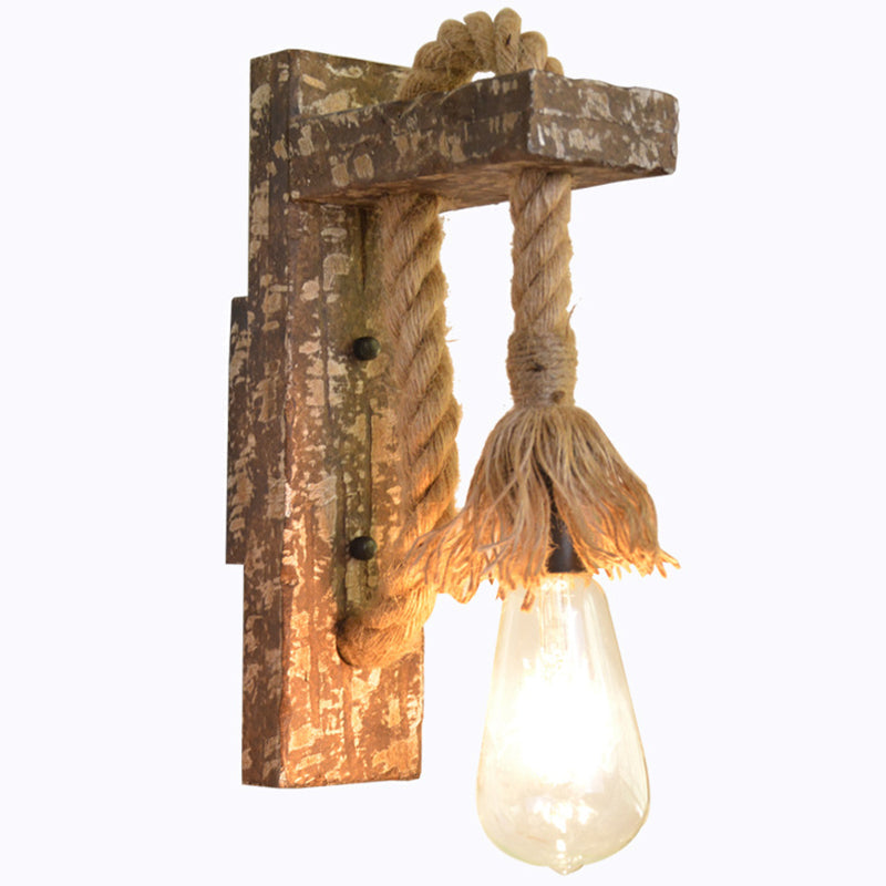 Sikunuo | 1 Light Bare Bulb Wall Lamp Fixture Warehouse Beige Jute Rope Wall Mounted Light with Wooden Back Plate