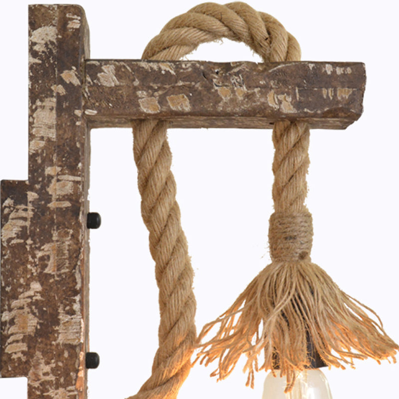 Sikunuo | 1 Light Bare Bulb Wall Lamp Fixture Warehouse Beige Jute Rope Wall Mounted Light with Wooden Back Plate